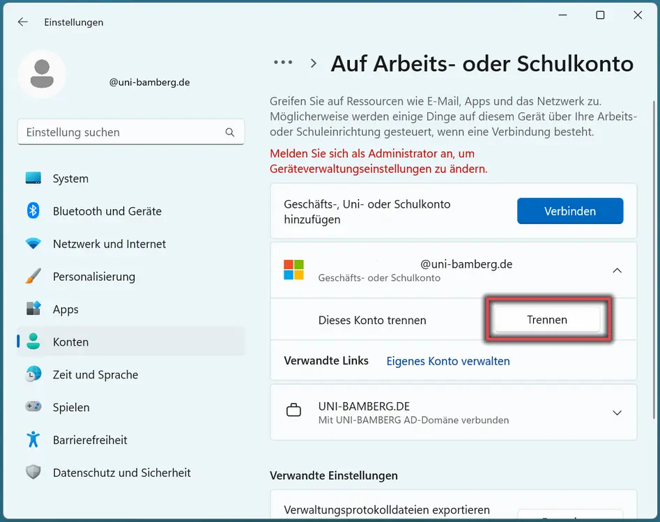 Ansicht Trennung vom Microsoft-Konto in den Einstellungen