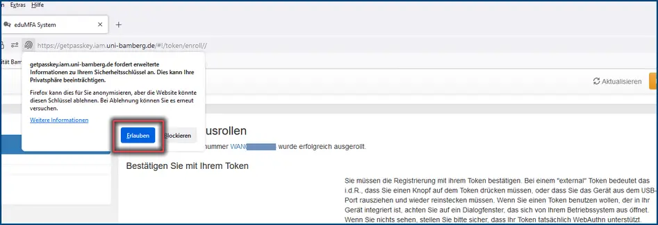 Ansicht Passkey Token ausrollen und die Benachrichtigung bestätigen