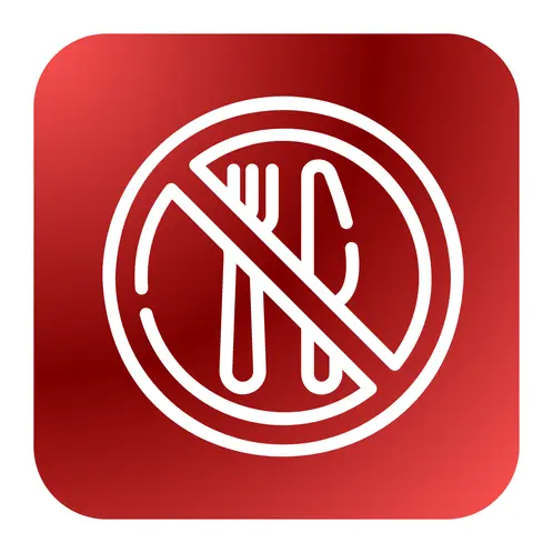 Icon: Durchgestrichenes Besteck auf rotem Grund