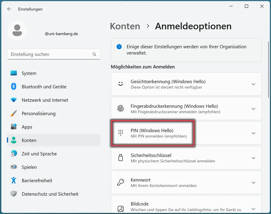 Ansicht Windows Hello Pin Option