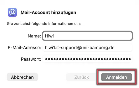 Ansicht Aufgabenbezogenes E-Mail-Konto hinzufügen