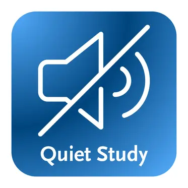 Icon: Durchgestrichener Lautsprecher auf blauem Grund mit der Unterschrift "Quiet Study"