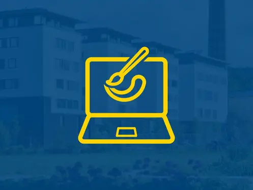Laptop-Symbol mit Pinsel vor blauem Hintergrund
