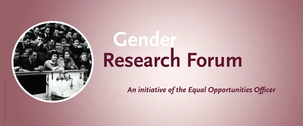 This is a banner with a pink background for the 'Gender Research Forum' page with the inscription 'An Initiative of the Equal Opportunities Officer'. In a small circular picture in black and white shows women and men sitting in a room.