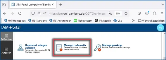 Screenshot 1: Manage Codematrix menu in IAM-Portal