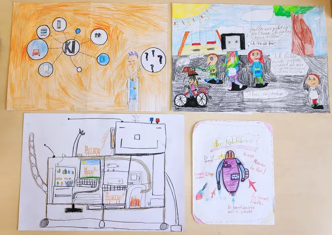 vier der eingereichten Zeichnungen beim Kindermalwettbewerb zum Thema KI