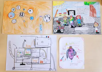 vier der eingereichten Zeichnungen beim Kindermalwettbewerb zum Thema KI