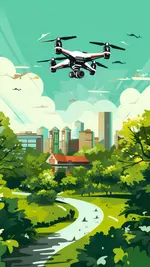 A drone is gathering data while hovering over the city park