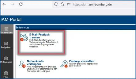 Ansicht IAM-Portal E-Mail-Postfach trennen