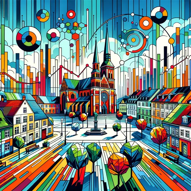 Abstract, colorful illustration of a city resembling Odense, Denmark combined with some data visualizations