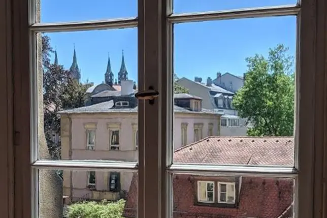 Beispiel für eine historisierende Verglasung am Markushaus der Universität Bamberg. 