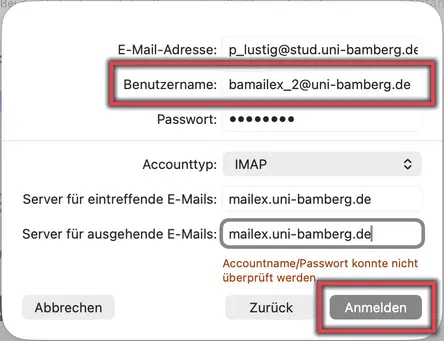 Ansicht E-Mail-Konto Konfiguration