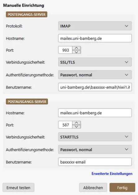 Ansicht E-Mail-Konto Konfiguration