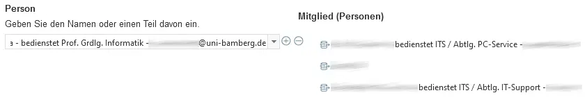 Abschnitt des Formulars "Sicherheitsgruppen": Mitglieder hinzufügen oder entfernen 
