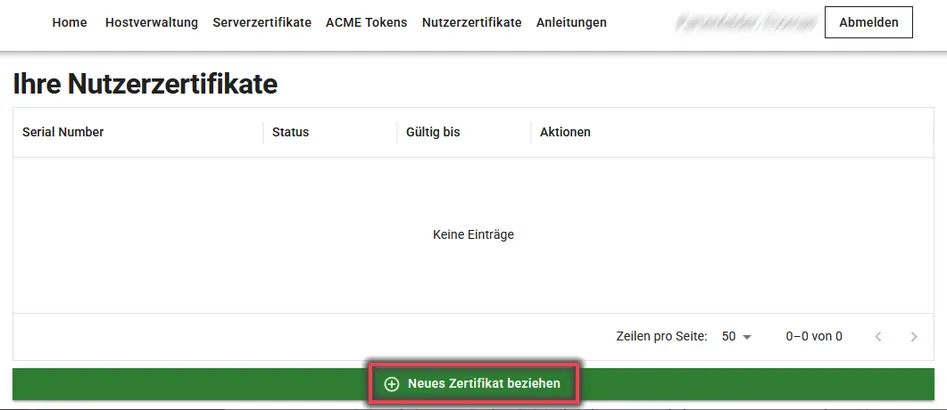 Ansicht Nutzerzertifikat beantragen