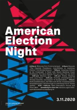 Poster for the American Election Night. In addition to the information about the event, it shows two big stars, blue and red, on a black background.