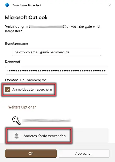 ansicht Anmeldeinformationen eintragen