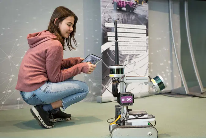 Ein Mädchen hat ein Tablet in der Hand und steuert einen Roboter.