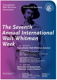 Poster of conference, white font on purple gradient background. A picture of Walt Whitman is faded into the background.