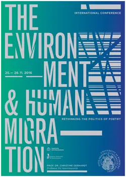 Poster of conference "The Environment and Human Migration". Grey font on blue gradient background.