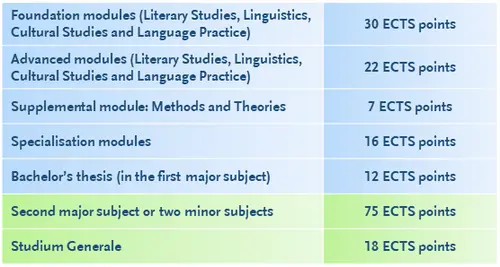 With English and American Studies as the major subject, you study four foundations modules: in Literary Studies, Linguistics, Cultural Studies and Language Practice, which gives you 30 ECTS points. For the advanced modules, you choose two out of three subjects (Literary Studies, Linguistics, Cultural Studies), and in addition Language Practice. From the two chosen subjects you pick one for your supplemental module “Methods and Theories”, for which you earn 7 ECTS points. One specialisation module in one of the three subjects and in Language Practice, giving 16 ECTS points, complete the modules. The bachelor’s thesis counts 12 ECTS points. Together with your second major subject or two minor subjects (75 ECTS points) and the Studium Generale (18 ECTS points) you reach 180 ECTS points, which are required to complete the study programme.