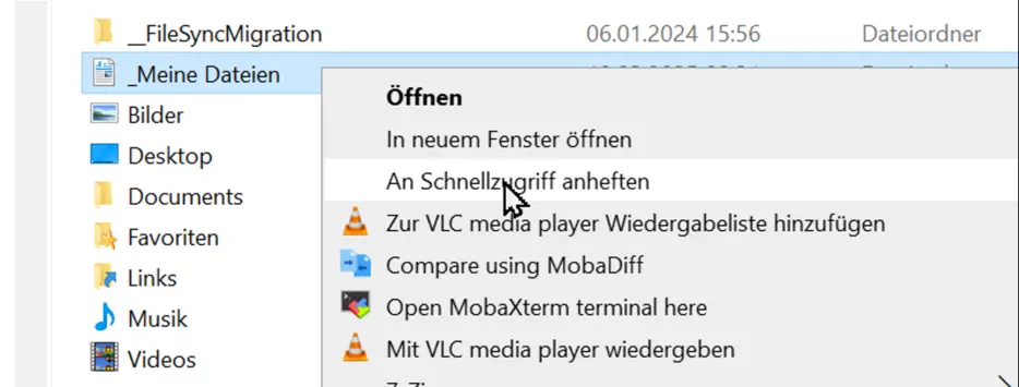 Screenshot Windows Explorer "Meine Dateien" Hier sehen Sie einen Screenshot des Windows Explorers mit einem Rechtsklickmenü zum Anheften des Ordnerns "Meine lokalen Dateien" zum Schnellzugriff
