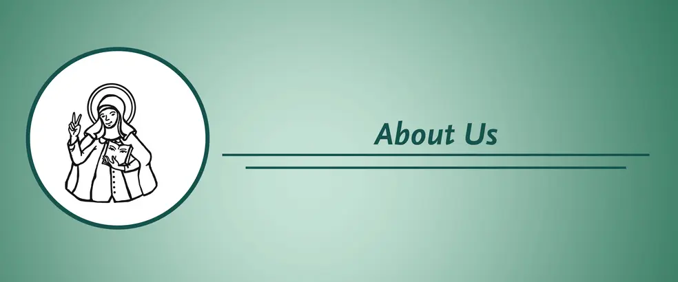 This is a banner with a green background for the "About Us" page. In a small circular image, the logo of the Academic Equal Opportunity Officer of the University of Bamberg can be seen, featuring a stylized black-and-white illustration of Saint Odilia. She is depicted with a halo and wears a wide robe with a hood. In her left hand, she holds an open book with two eyes on it – a reference to her role as the patron saint of the blind and visually impaired. Her right hand is raised in a peaceful gesture, similar to a blessing or peace sign.