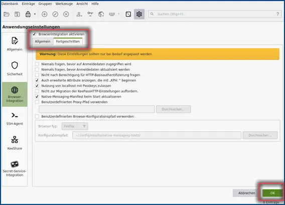 Ansicht Browser-Integration aktivieren, Fortgeschritten