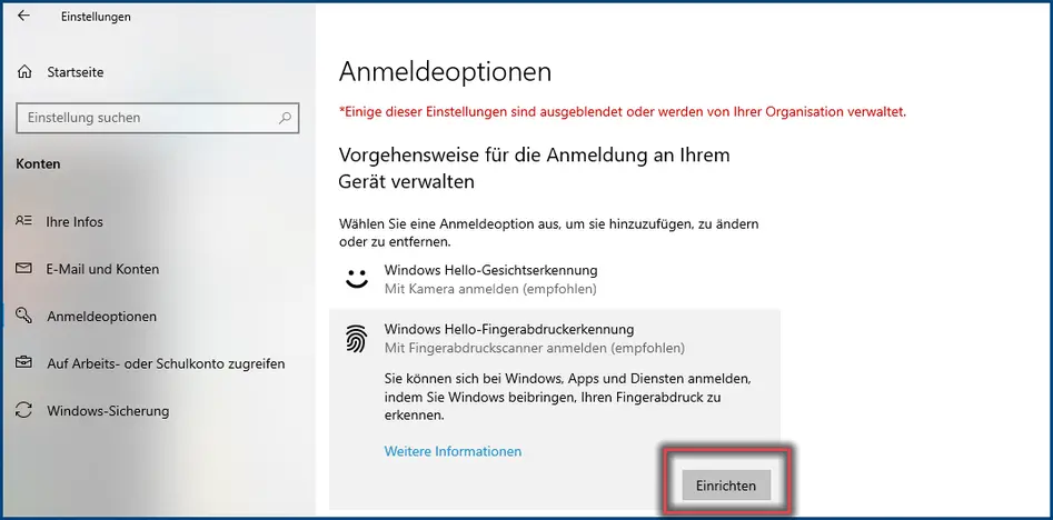 Ansicht Windows Hello Fingerprint