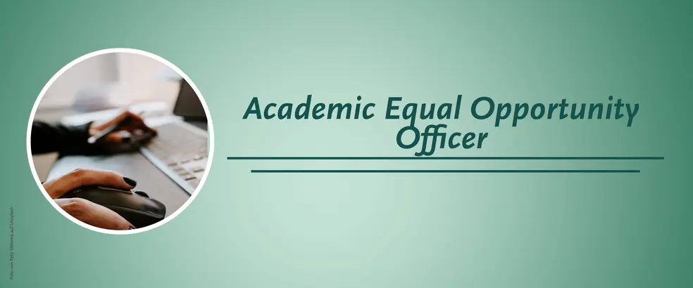 The image shows a banner with a green background for the Academic Equal Opportunity Officers page. A circular image shows hands holding a mouse and a pen in front of a computer. 