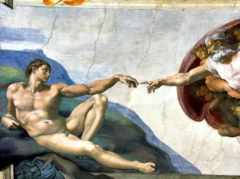 Part of the painting “The Creation of Adam” by Michelangelo: God and Adam stretch out their hands towards each other, their fingers almost touching.