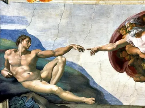 Sistine Chapel ceiling: The Creation of Adam Extrait du tableau « La création d'Adam » de Michel-Ange : Dieu et Adam tendent leurs mains l'un vers l'autre, leurs doigts se touchant presque.