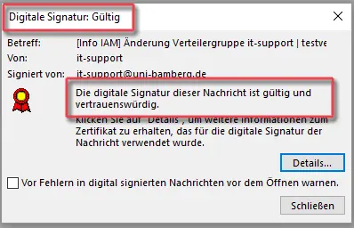 Dialogfenster "Digitale Signatur: Gültig"