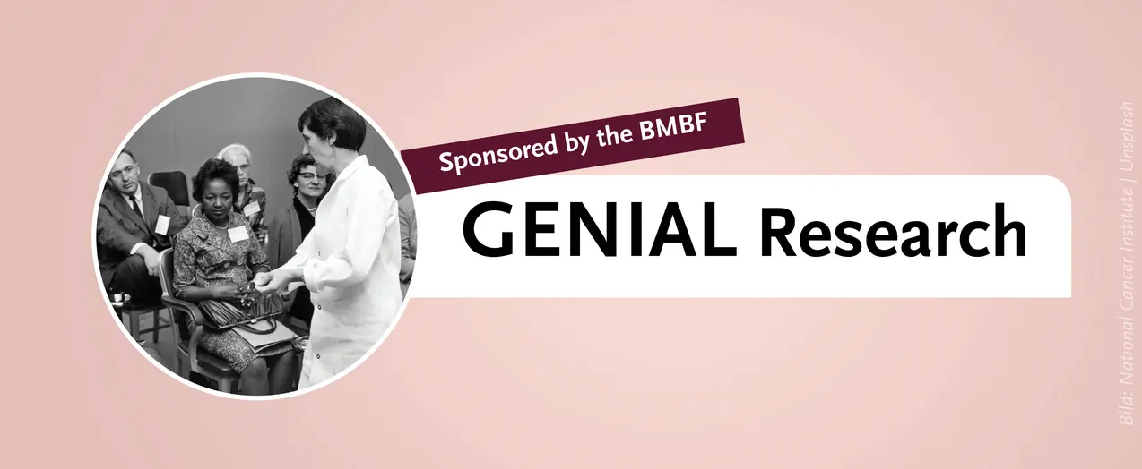 This is a banner with a pink background for the 'GENIAL Project' page with the inscription 'GENIAL Research - sponsored by BMBF'. A small circular picture in black and white shows women and a man sitting on chairs while a woman stands up.