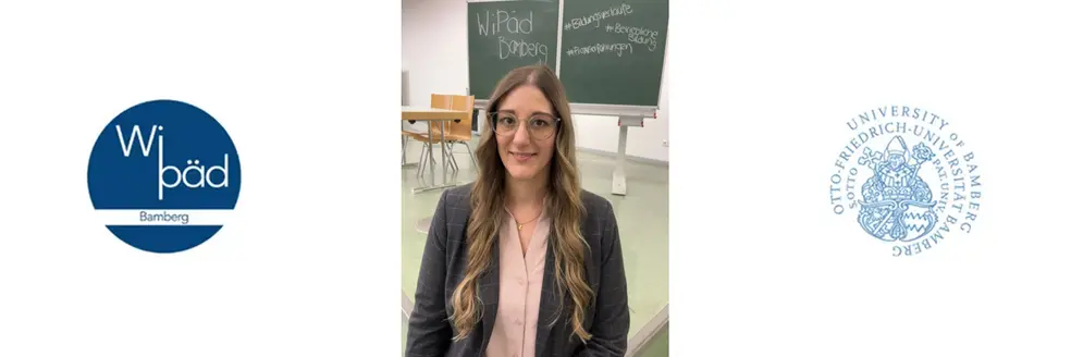 Portrait von Melanie Hochmuth umrahmt von den Logos der WiPäd sowie der Universität Bamberg