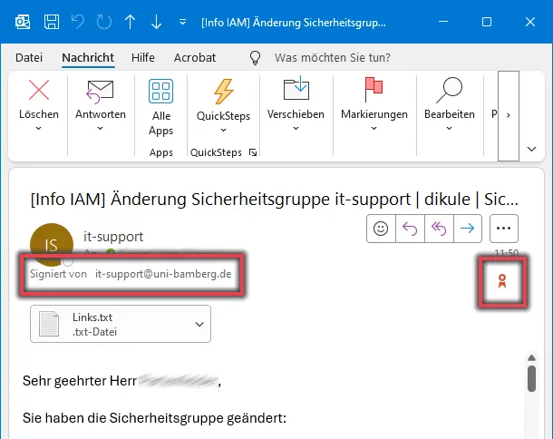 Zeigt eine Signierte E-Mail, mit Kennzeichnungen der Merkmale an denen diese erkannt werden kann.