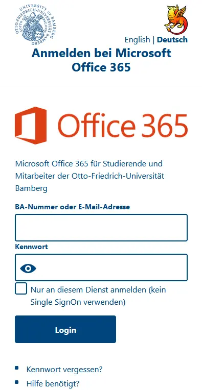 Anmeldefenster von M365 Es wird das offizielle Shibboleth Anmeldefesnter der Universität Bamberg gezeigt. Hier wird sich mit BA-Nummer und dem dazugehörigen Kennwort angemeldet.