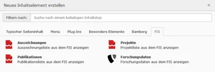 Screenshot: Einfügen eines Typo3-Inhaltselements für Listen aus dem Forschungsinformationssystem