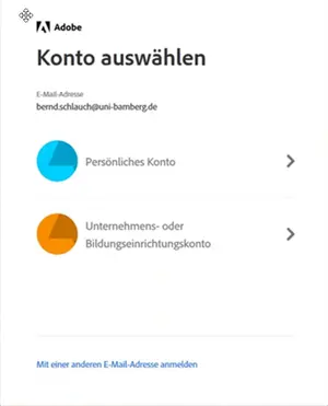 Konto auswählen Dialogfenster, in dem der Kontotyp ausgewählt werden muss