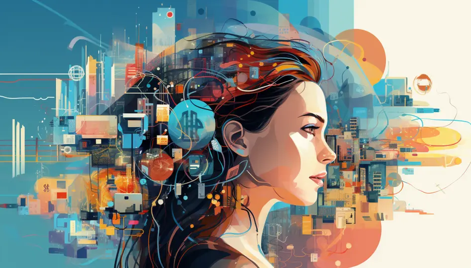 Symbolbild zum Thema künstliche Intelligenz: Der Kopf einer Frau wird von einer Wolke aus Daten und Verbindungen umkreist.