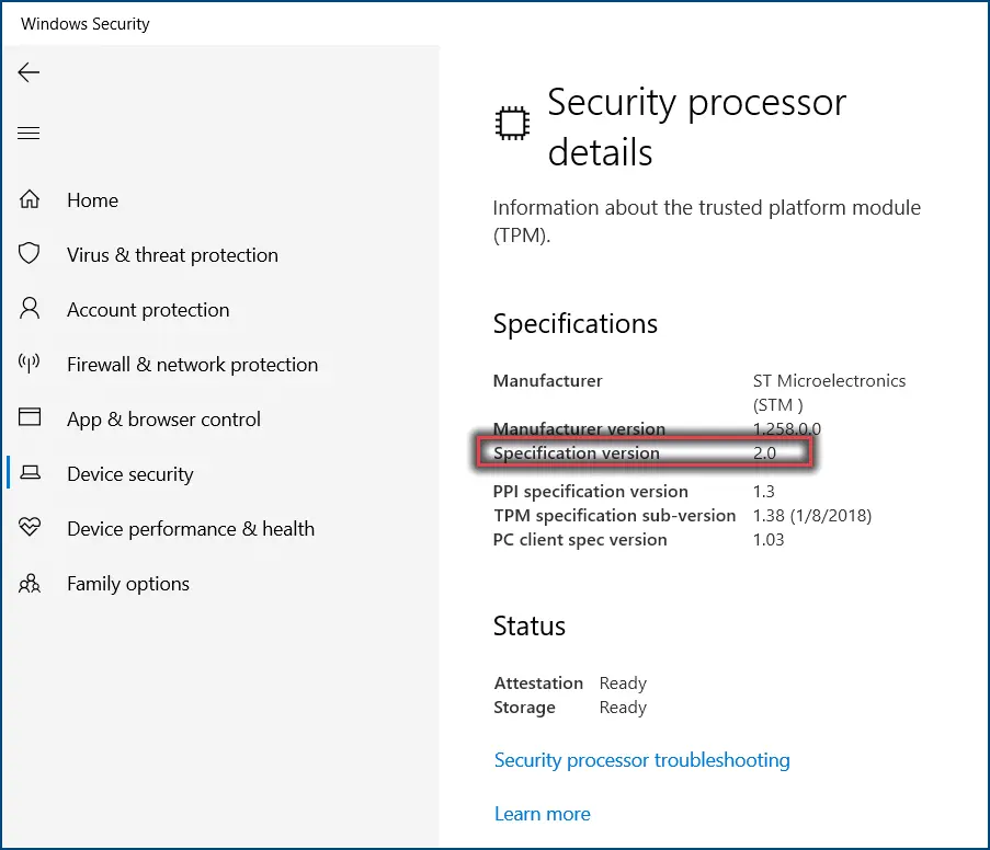 Windows-Security processor details  Specification recheck