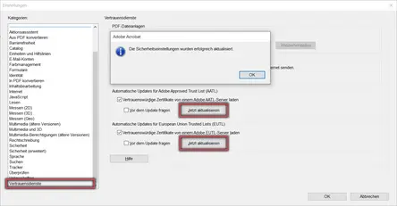 Ansicht Einstellungen Vertrauensdienste
