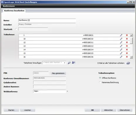 Eintrag von Rufnummern der Endgeräte, die an einer Einwahlkonferenz teilnehmen