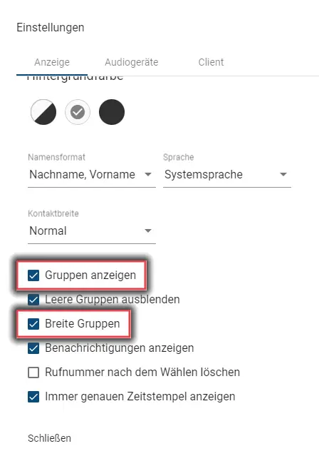 Telefonbuch Gruppenansicht Einstellung mit gesetztem Haken bei Gruppen anzeigen und Breite Gruppen.