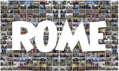 Collage of different pictures from Rome with the word “Rome” in the foreground in white font.