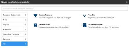 Screenshot: Einfügen eines Typo3-Inhaltselements für Listen aus dem Forschungsinformationssystem