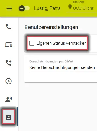 Eigenen Status anzeigen aktivieren Den Haken entfernen in den Benutzereinstellungen beim Feld Eigenen Status verstecken.