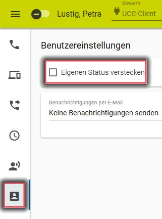 Den Haken entfernen in den Benutzereinstellungen beim Feld Eigenen Status verstecken.