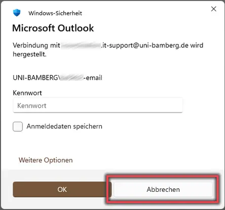 Ansicht Outlook Anmeldung Postfach abbrechen