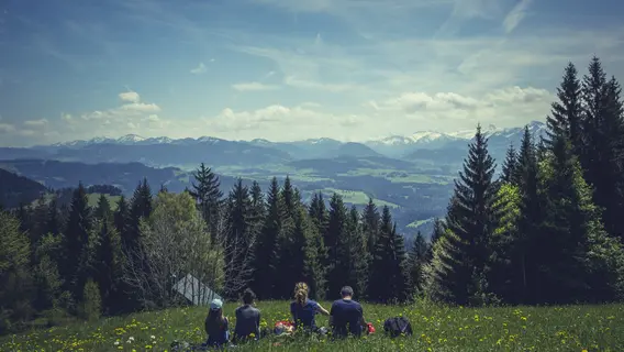 Familie blickt in ein grünes Tal